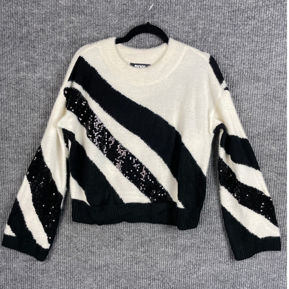 DKNY Black White Stripe Sequin Fuzzy Knit Sweater Glam Holiday Medium